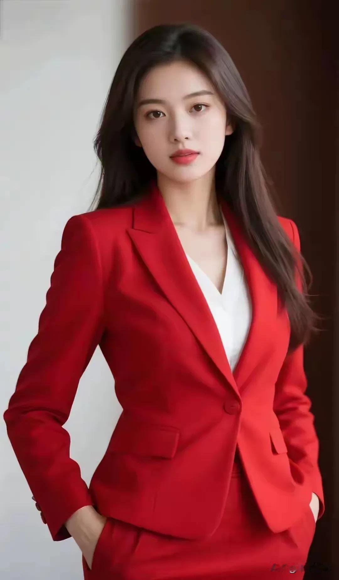 正红西装裁出利落轮廓，白衬的柔意中和了锋芒。长发垂落时，气场里裹着恰到好处的舒展