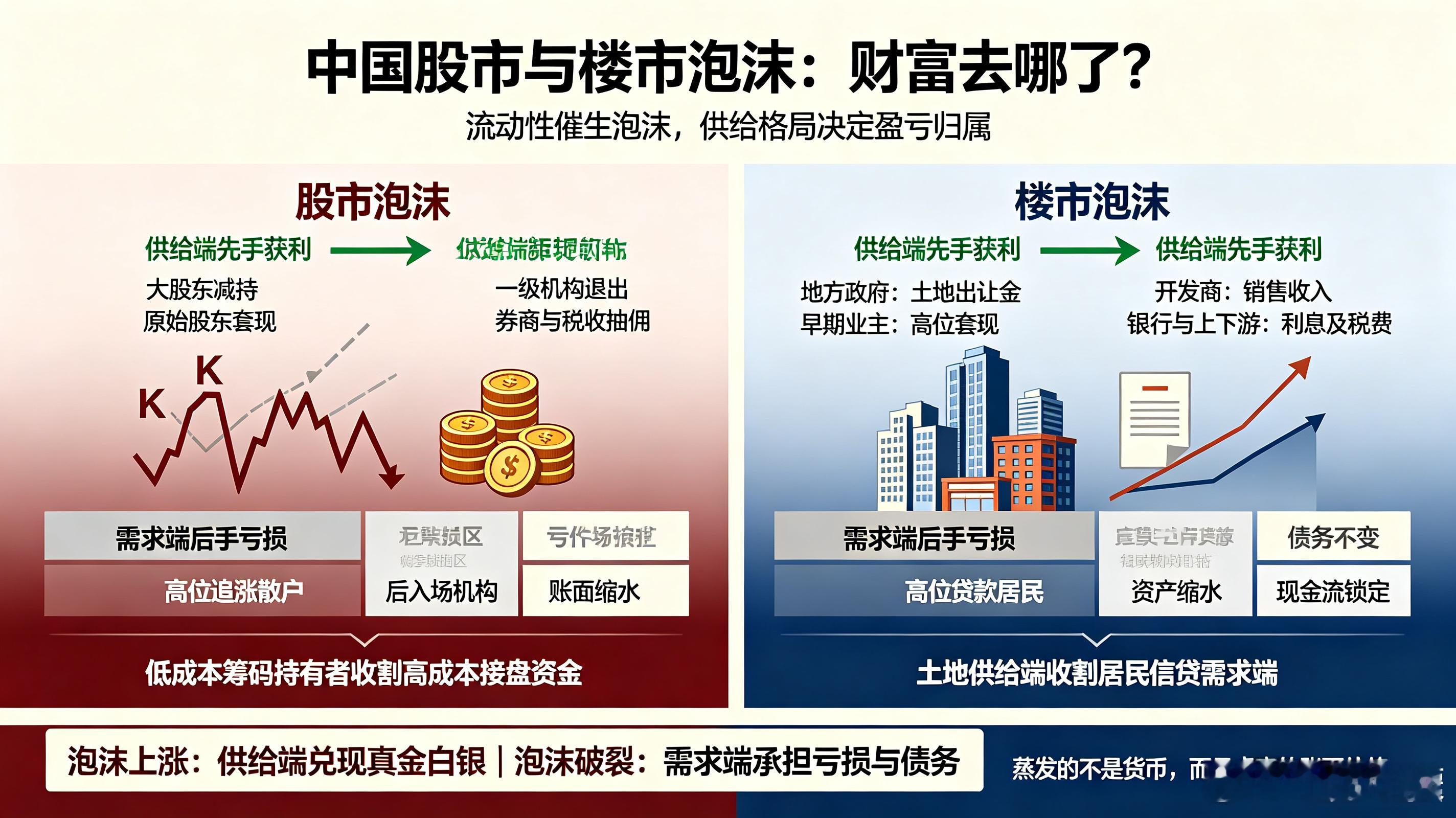 东方经济学简化总结：中国股市、楼市泡沫蒸发的财富去向泡沫破灭时资金不会凭空消失，只是发生结构性财富转