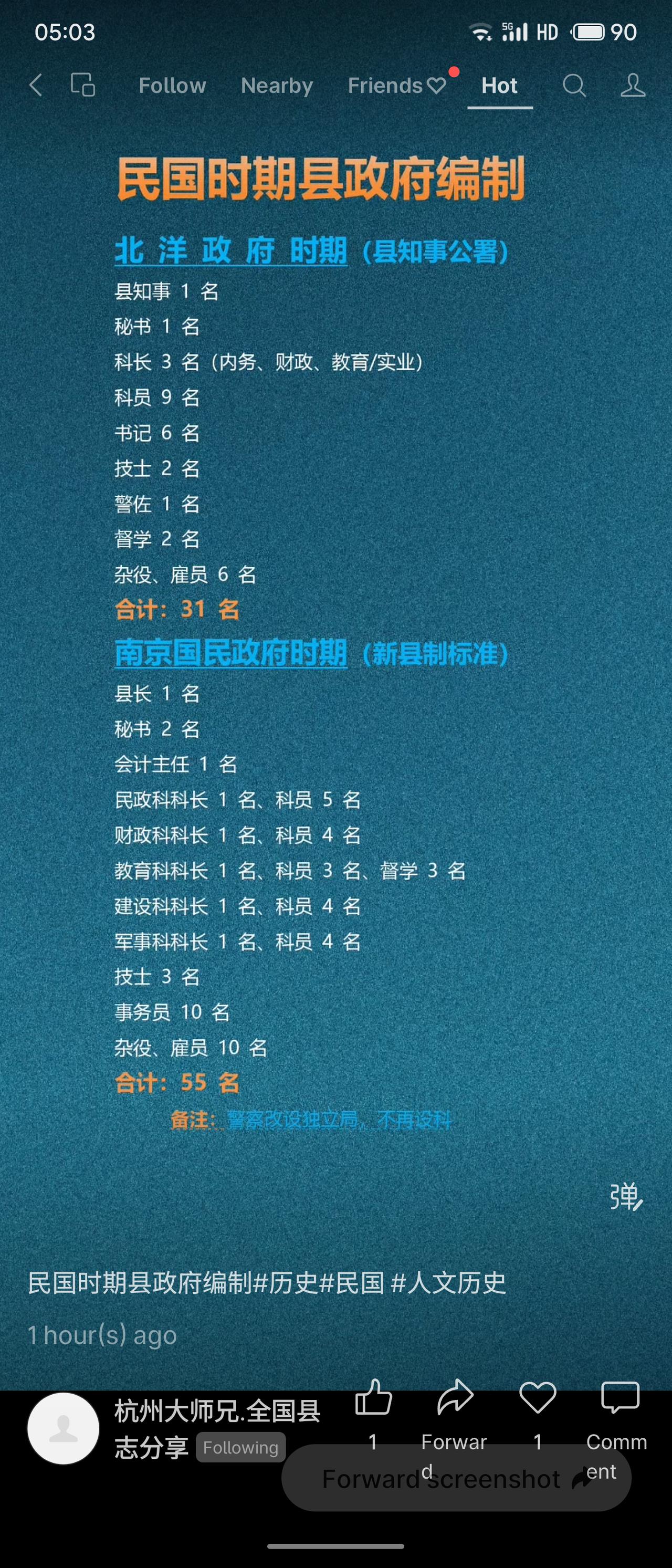 图片对比了民国时期县政府编制：北洋政府时期县知事公署共31人，设内务、财政、教育