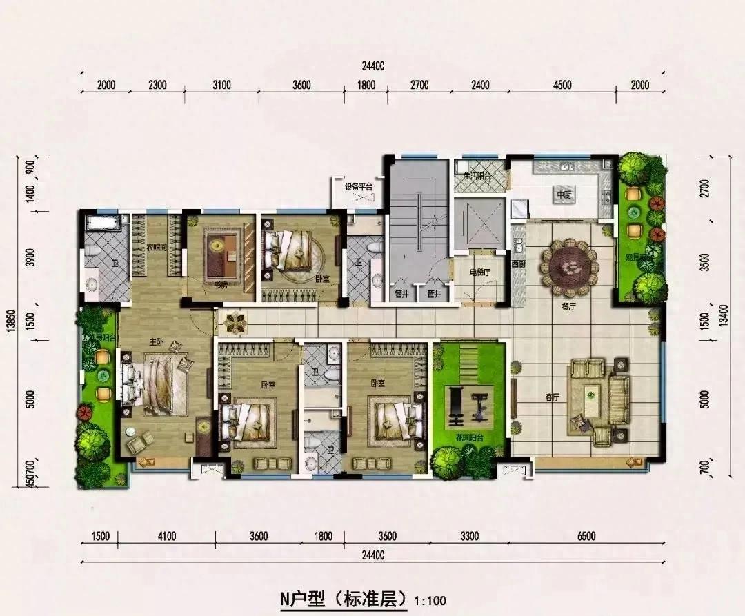 高级的279.8㎡的房子，内部竟然配置了三个极致的花园，非常浪漫。扁平效果。