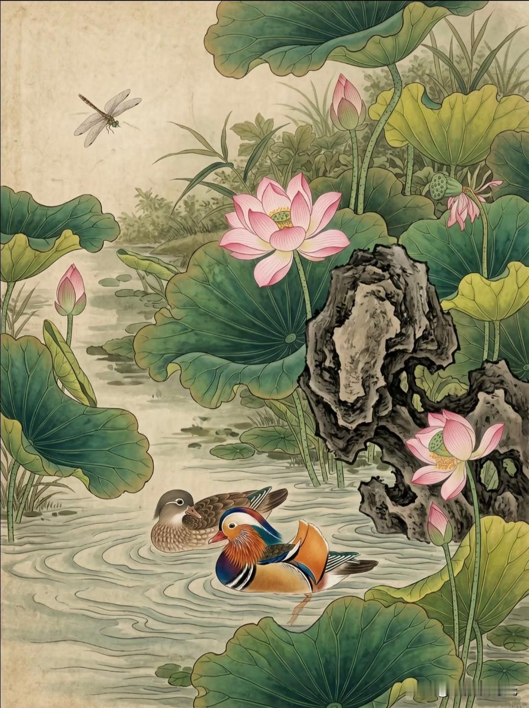 荷花映水，鸳鸯成双，岁岁相守不离。酌月绘国风鸳鸯绘画分享荷花鸳鸯鸳鸯插画