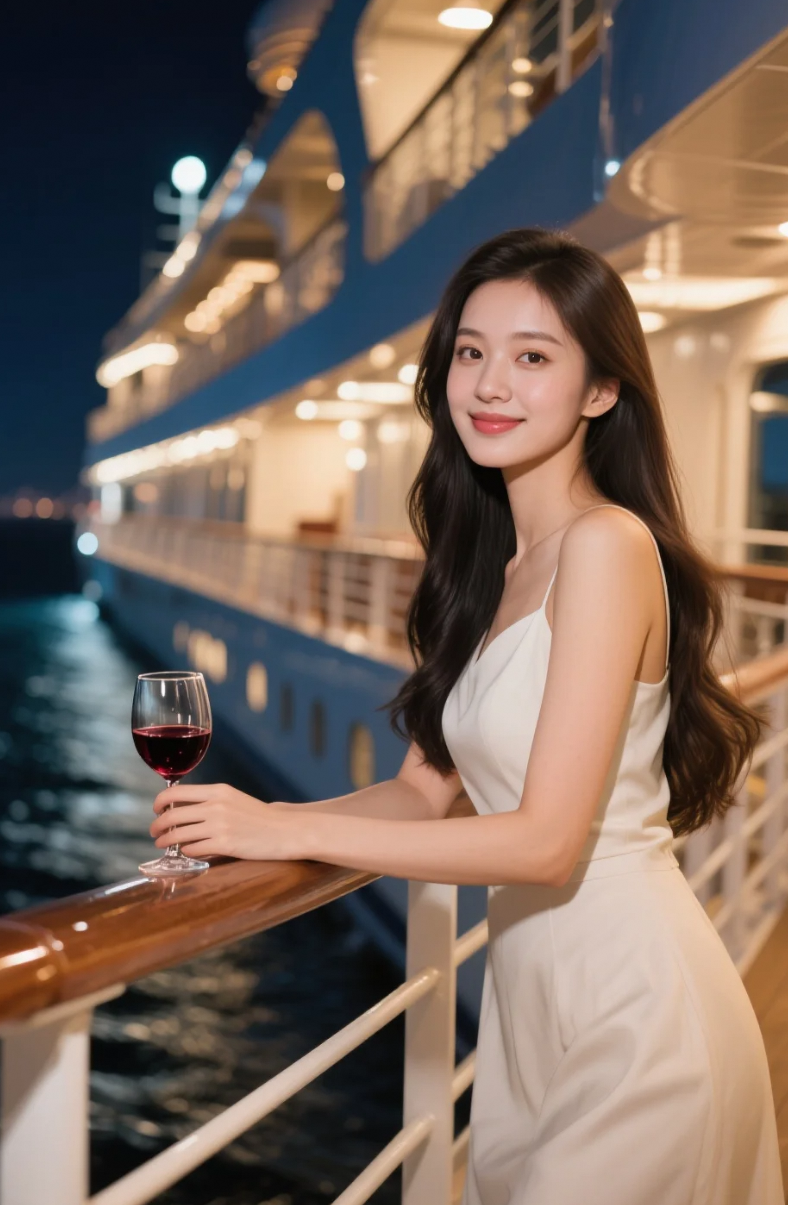 海上夜未央，佳人独品红酒香