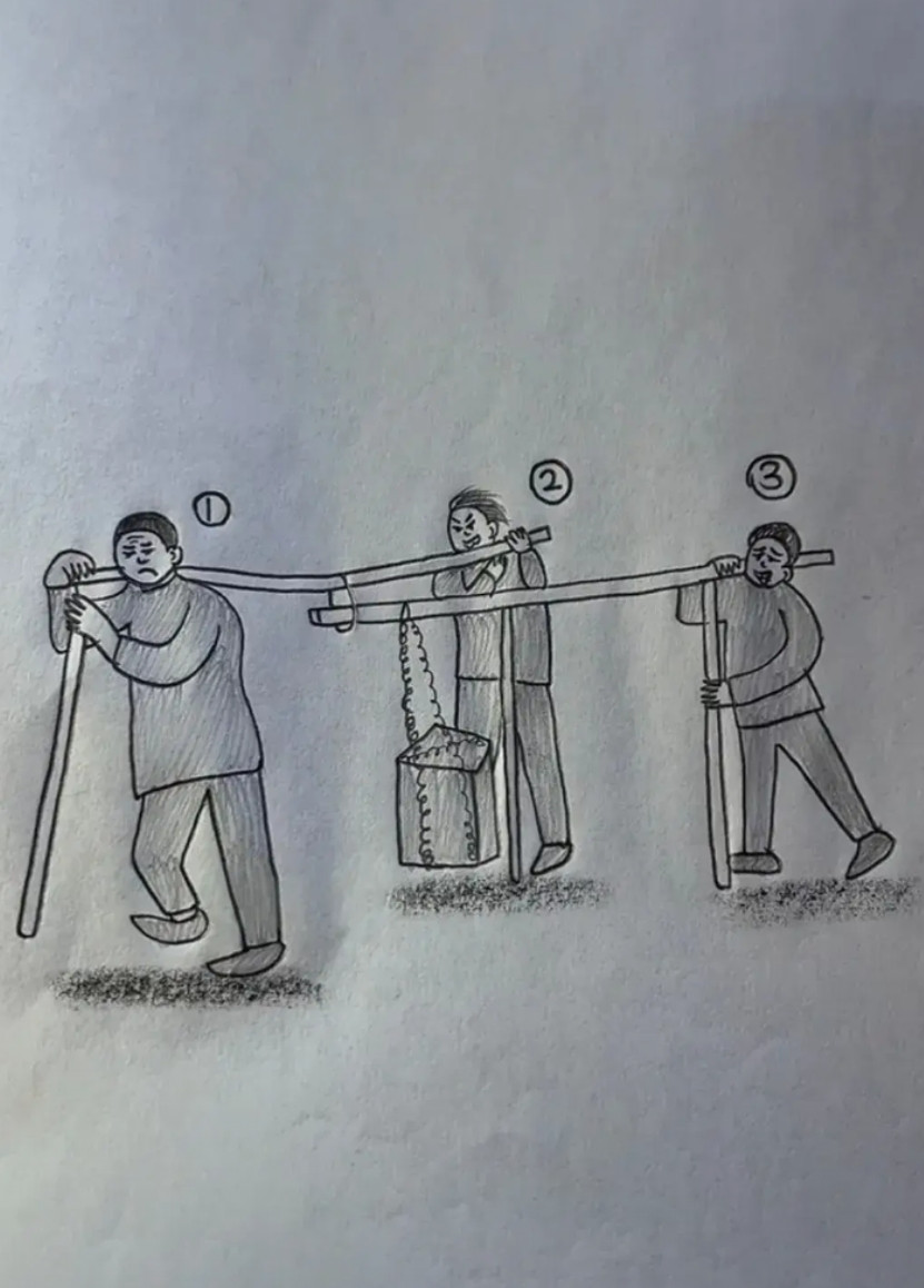 这三个人抬石头，你认为谁最累？