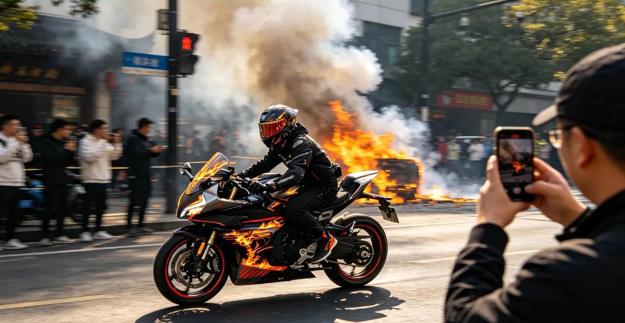 杭州萧山icon，24岁的楼质军骑着刚买一个多月的张雪500RR，路遇私家车ic