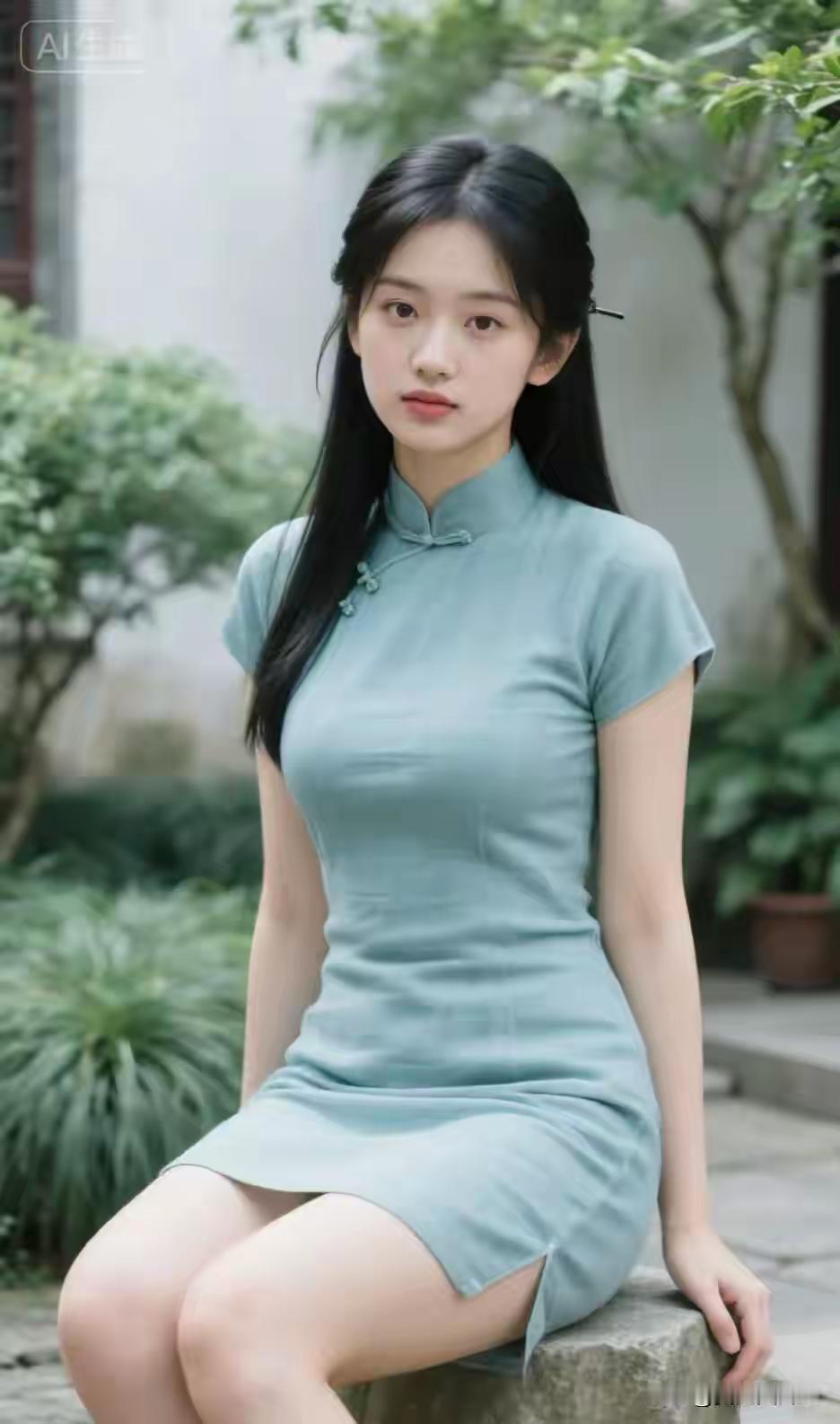 青袍佳人一袭青袍映玉姿，嫣然恬静压芳枝。倾城不必施浓粉，自是人间第一眉。