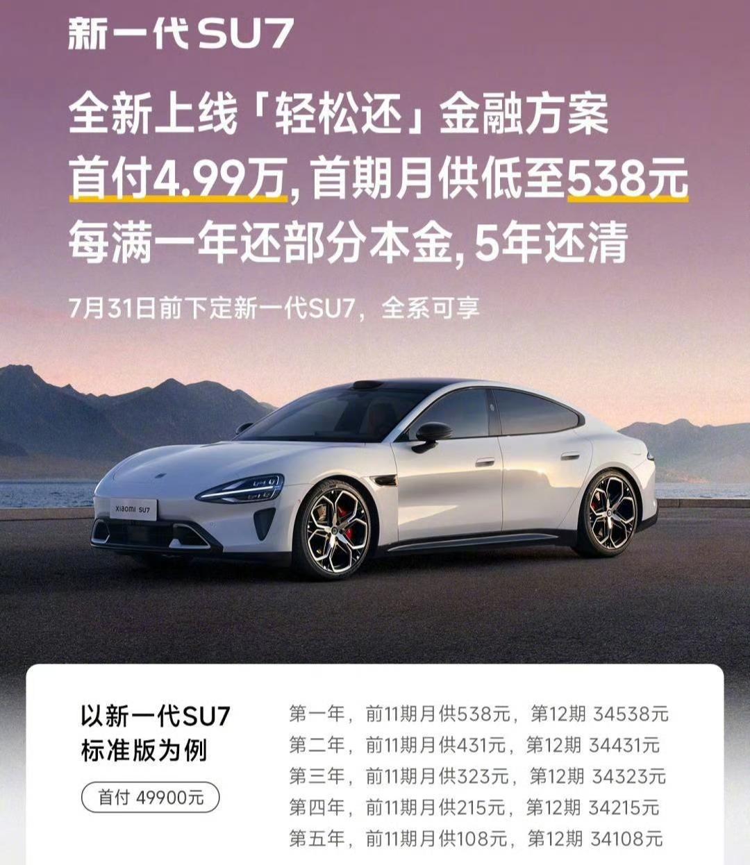 雷军真是个天才![捂脸哭]7月，小米汽车推出了新政策，SU7贷款，前11期，月