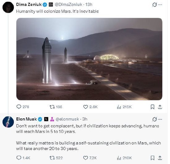 马斯克称人类有望5到10年登陆火星在其社交平台上回复网友时称：“不能掉以轻心，