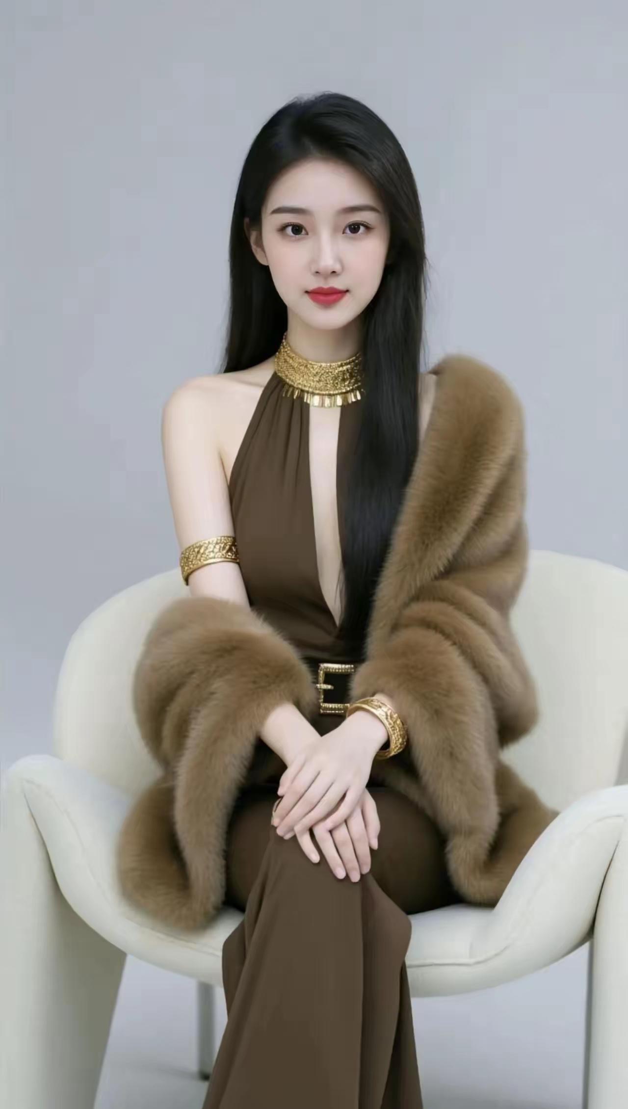 优雅坐姿，棕色皮草披肩，金链点缀，气质非凡。