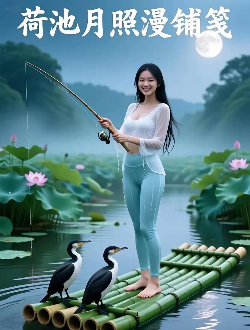 七绝·荷池夜钓女文/方立新荷池夜钓漫清欢，万载嫦娥月冷寒。两鹭相随鱼害怕