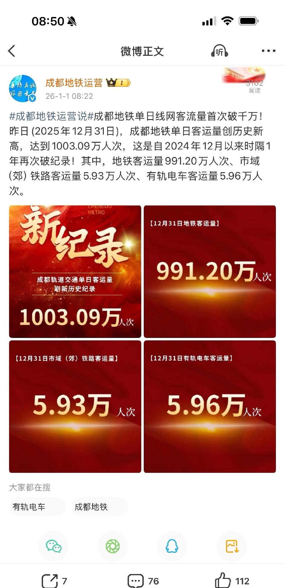 成都地铁客流突破1000万，正式比肩北上广！比杭州多了400多万，比北上广深