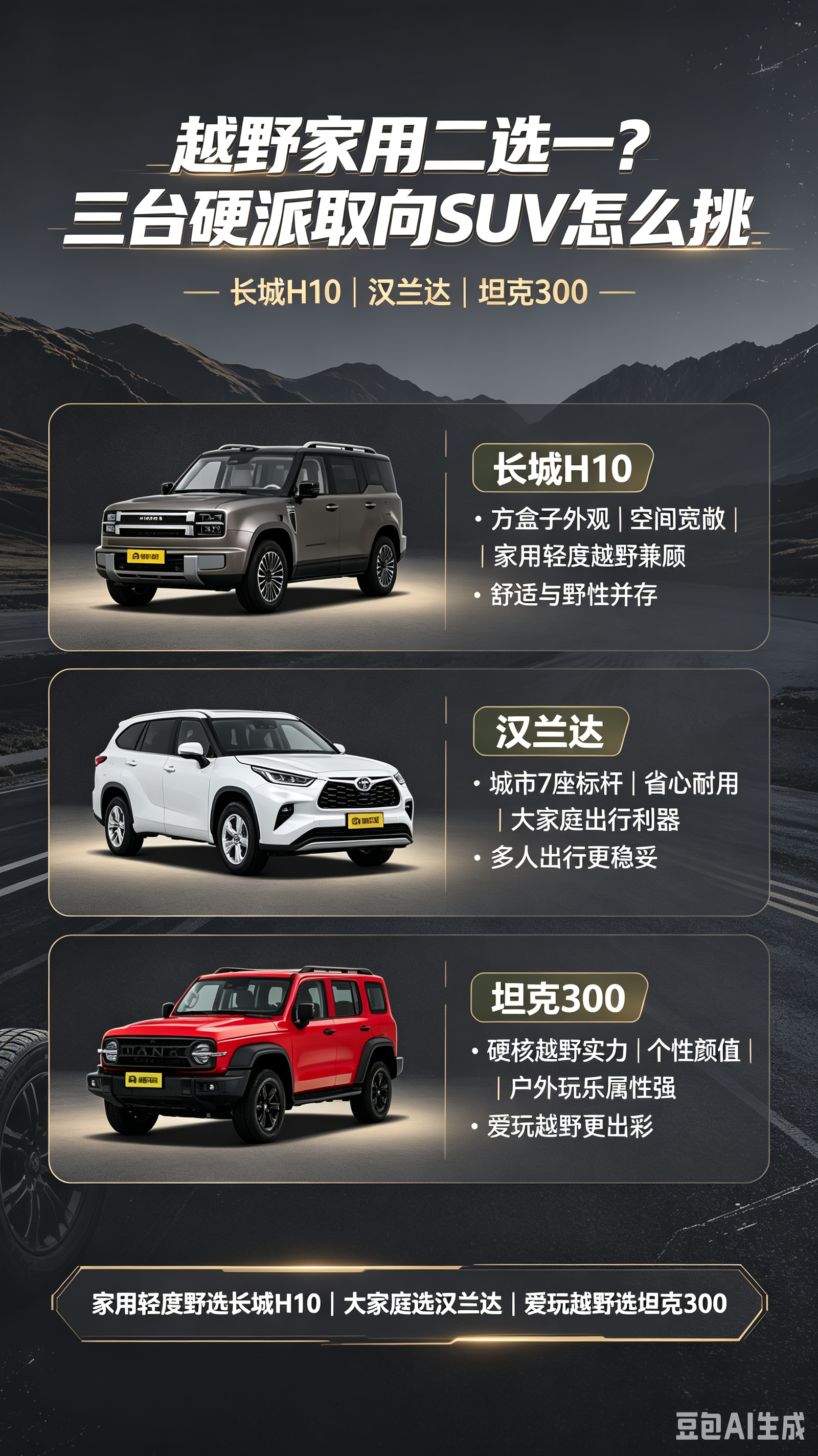 越野家用二选一？三台硬派取向SUV怎么挑想要一台既能日常通勤，又能奔赴远方的SUV，长城H10、汉兰