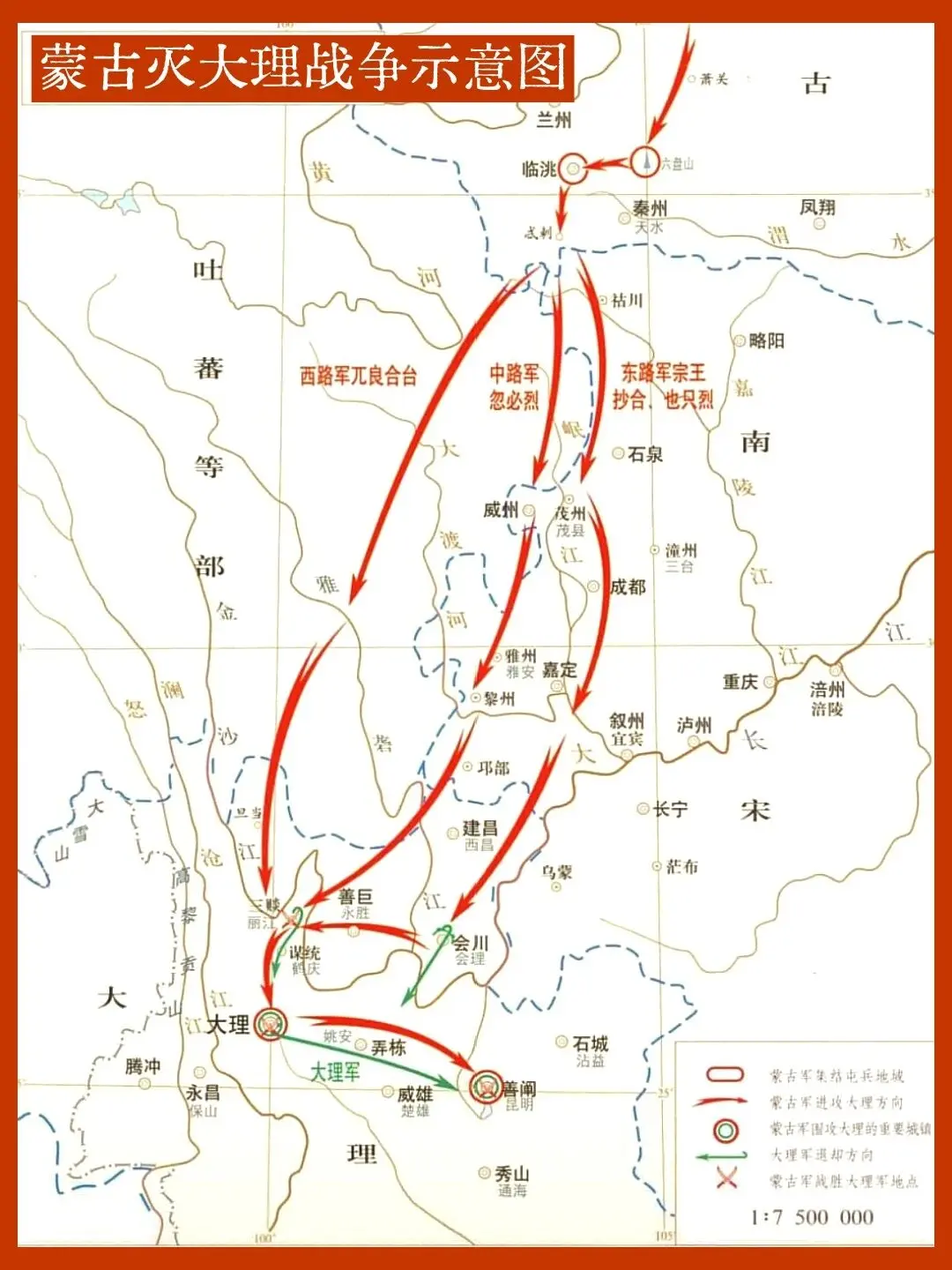 图解蒙古国灭大理国的行军路线。