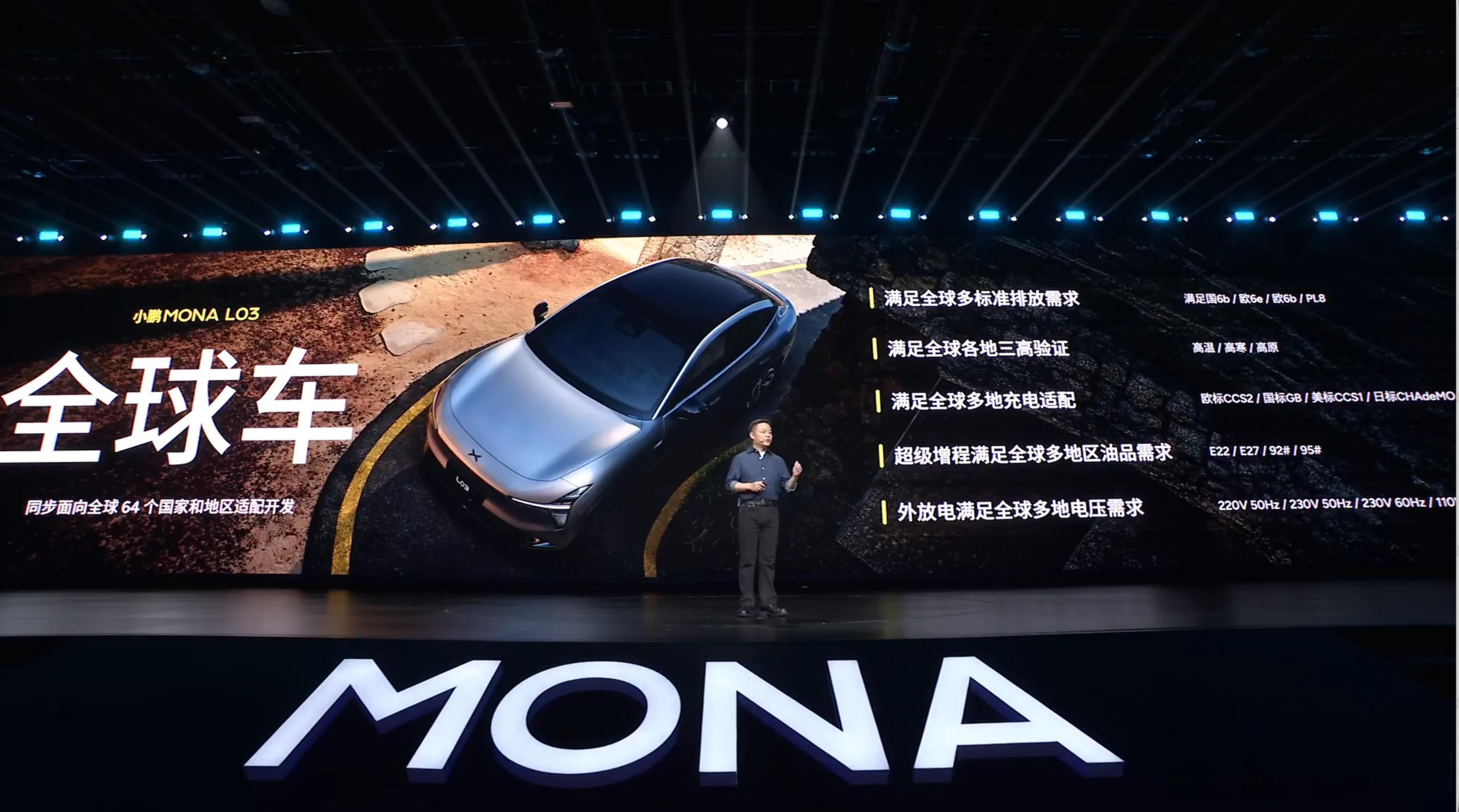 小鹏MONAL03作为全球车，同步面向全球64个国家和地区适配开发，同时满足中