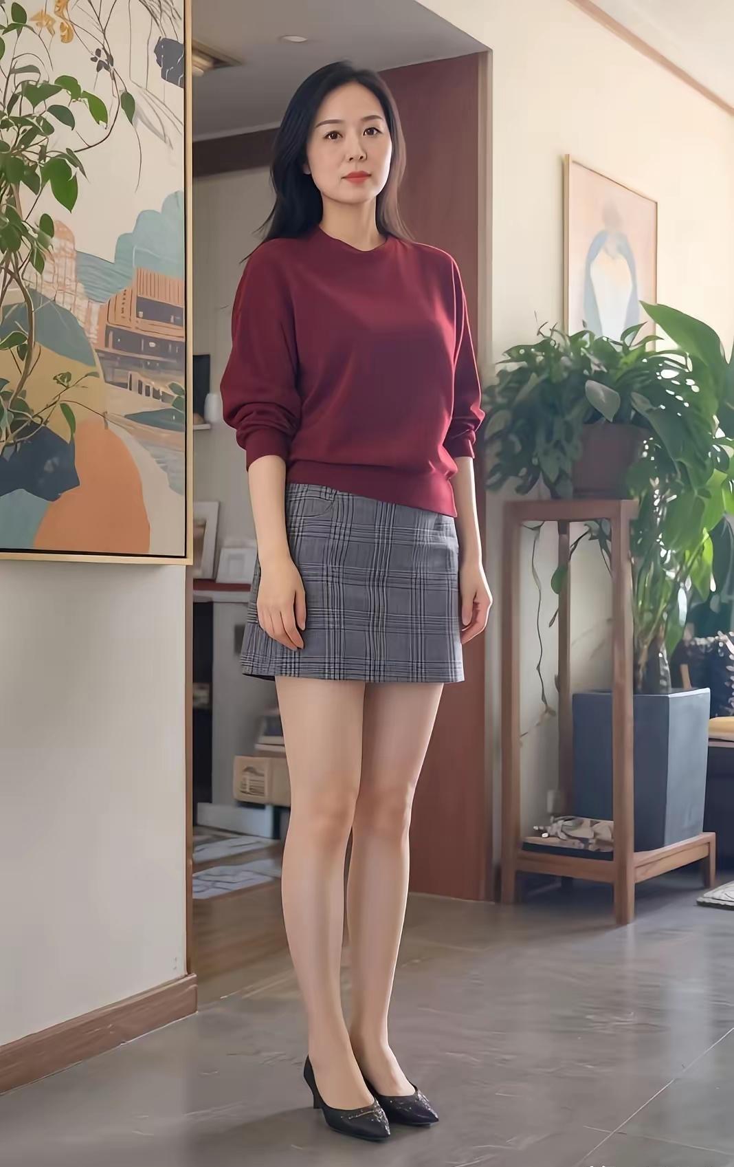 简约穿搭指南：酒红色毛衣+格子短裙，优雅又时尚！