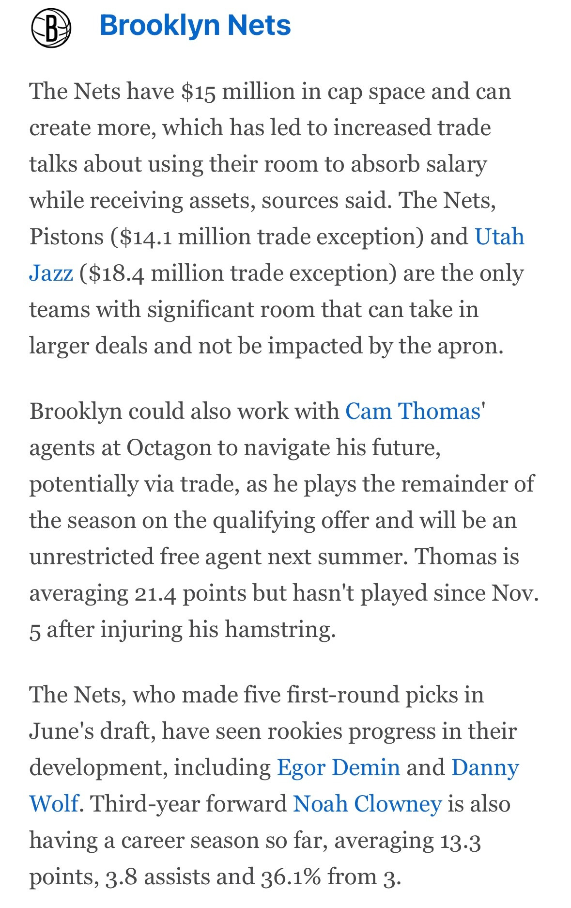 Shams:据消息人士透露，篮网目前手握1500万美元的薪资空间，且有能力进一