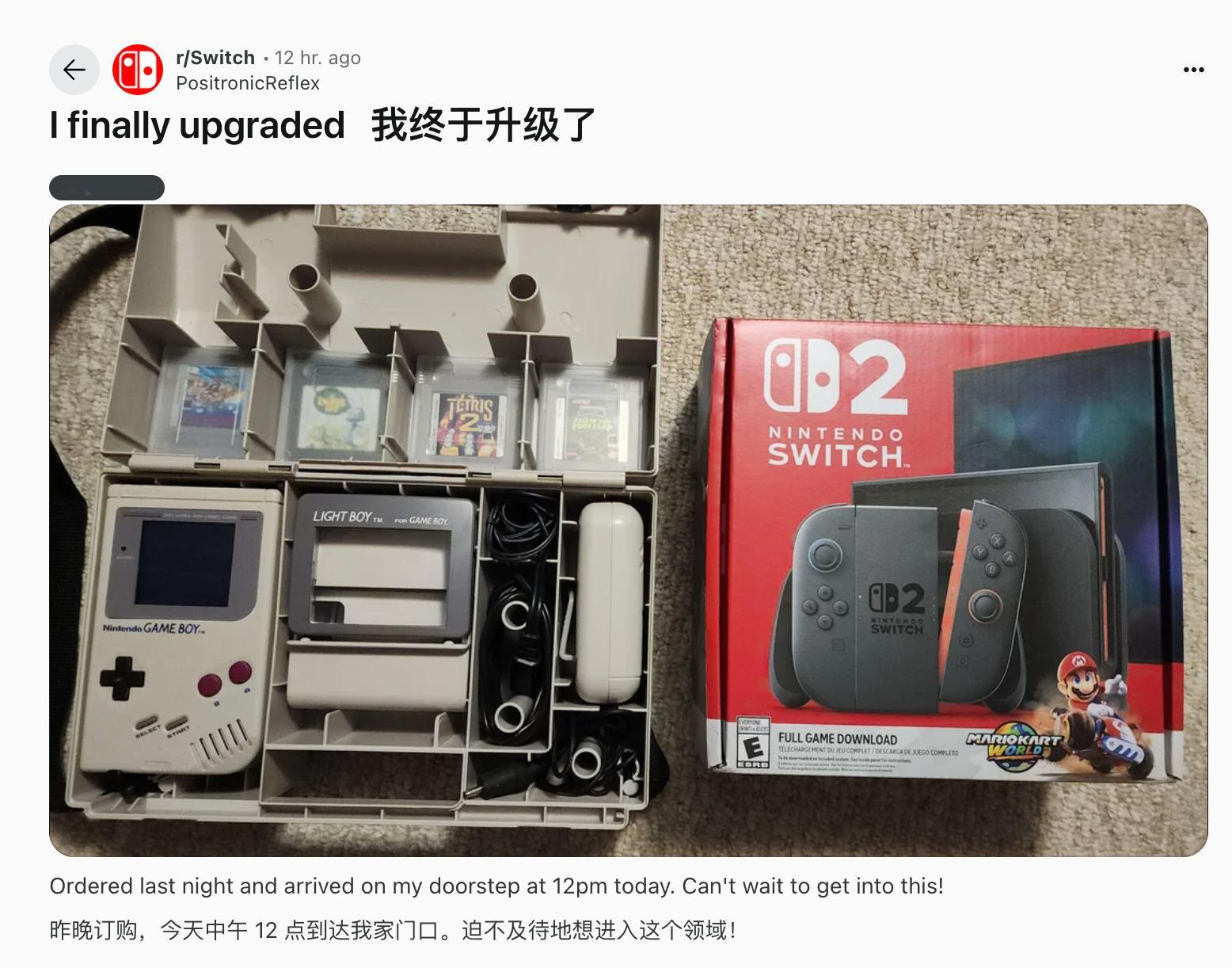 【海外玩家晒初代GB与Switch2世纪大合框】在Reddit上，一名海外玩家