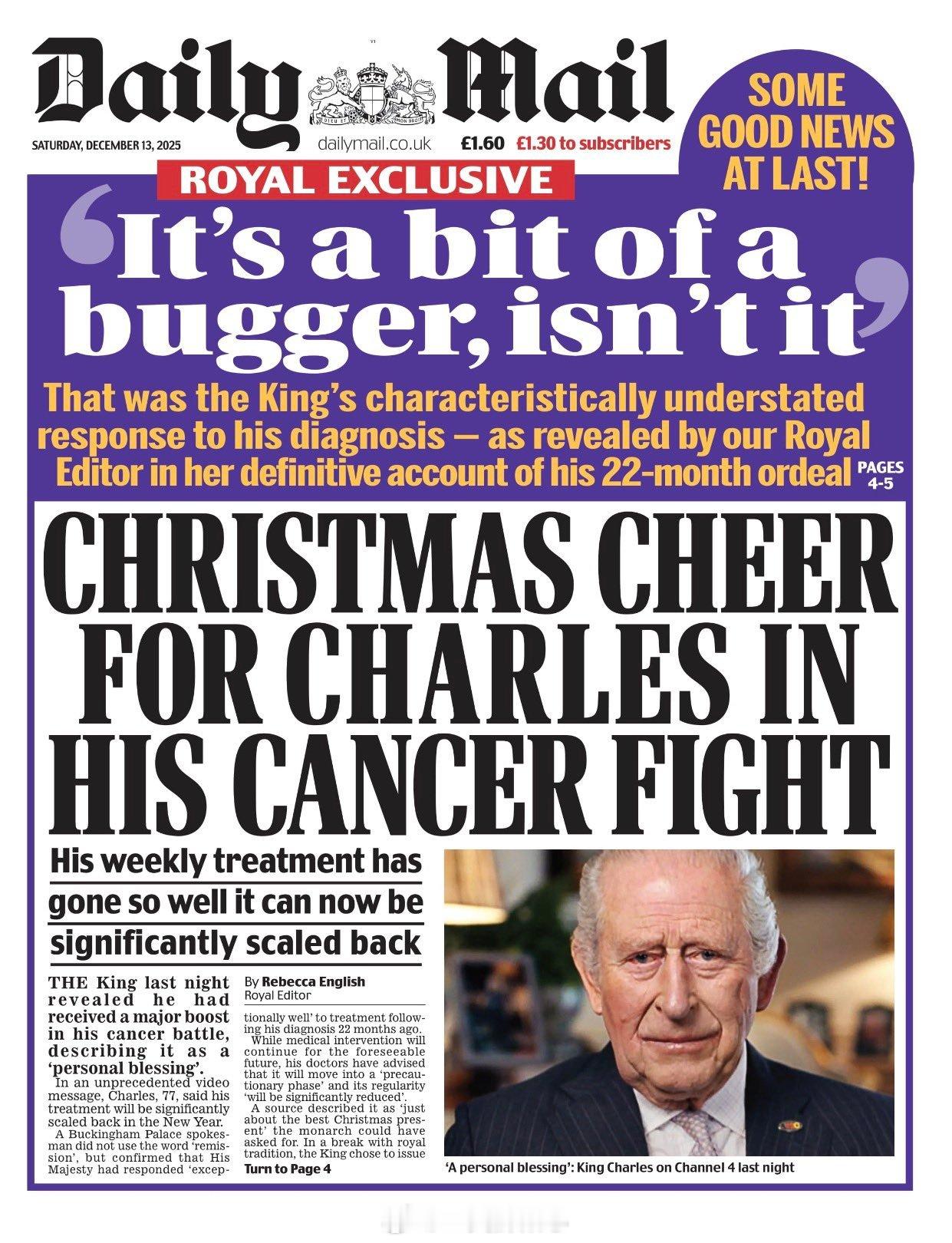 英国王室查尔斯宣布早期癌症治疗得以缩减的消息刊登各大头条，有图没图都有。