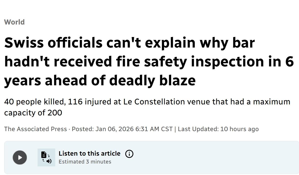 发生重大火灾的瑞士酒吧长达6年没有进行消防检查瑞士当地当局周二表示，跨年派对发