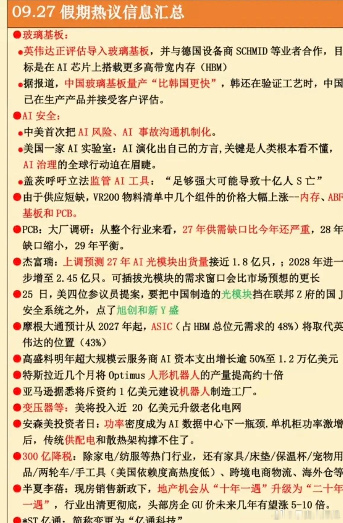 9.27周日假期：财经热点信息汇总！1.玻璃基板，英伟达2.网络安全，AI安