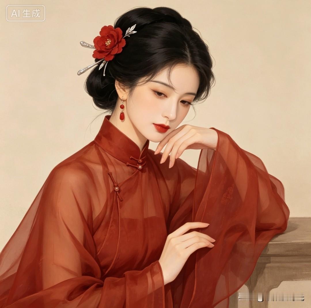 一袭红棕色薄纱汉服，立领盘扣衬得身姿温婉。乌黑长发高挽成古典发髻，红花缀于鬓边，