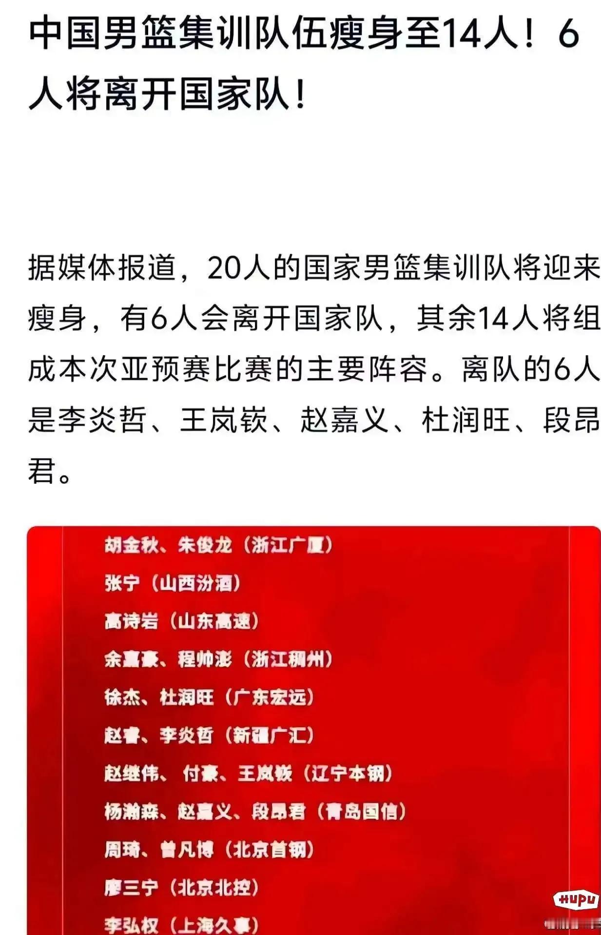 据媒体人报道中国男篮20人的集训队将会有6人离开国家队。离队的六个人包括新疆