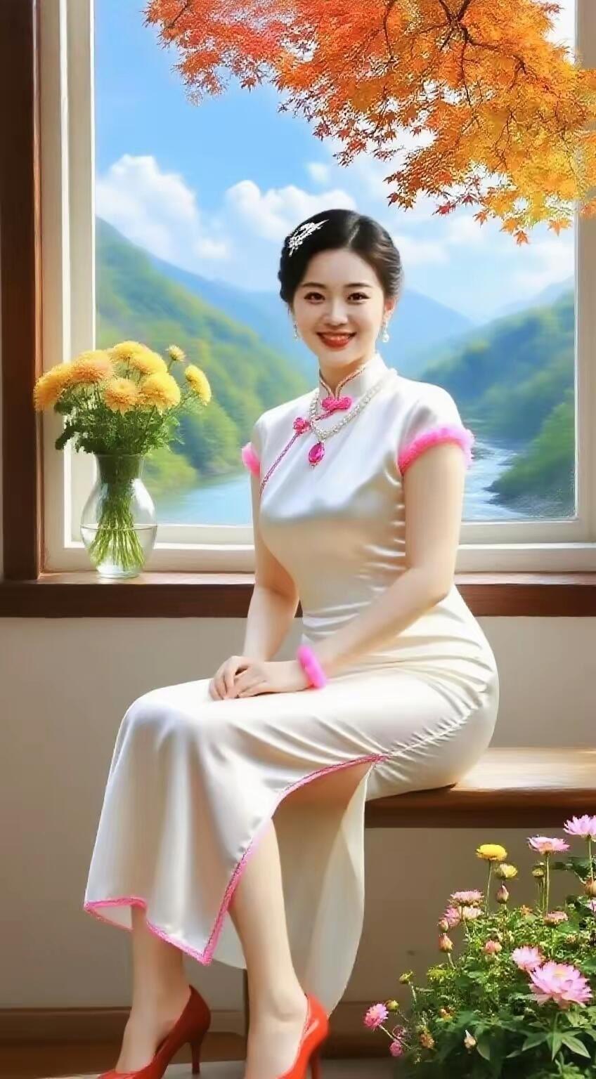 秋日暖阳下，优雅的旗袍美人与自然美景相映成趣。