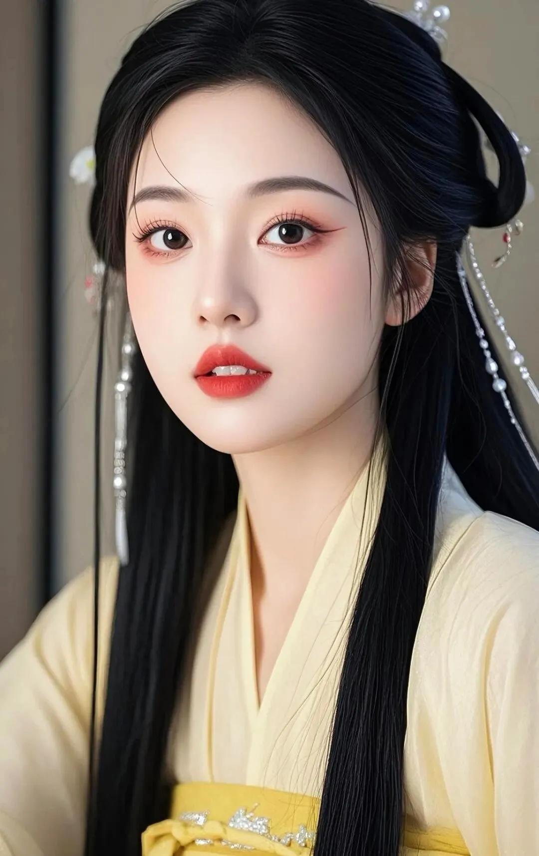 惊艳的古典美女，红唇与黑发相映成趣，古风服饰尽显优雅！