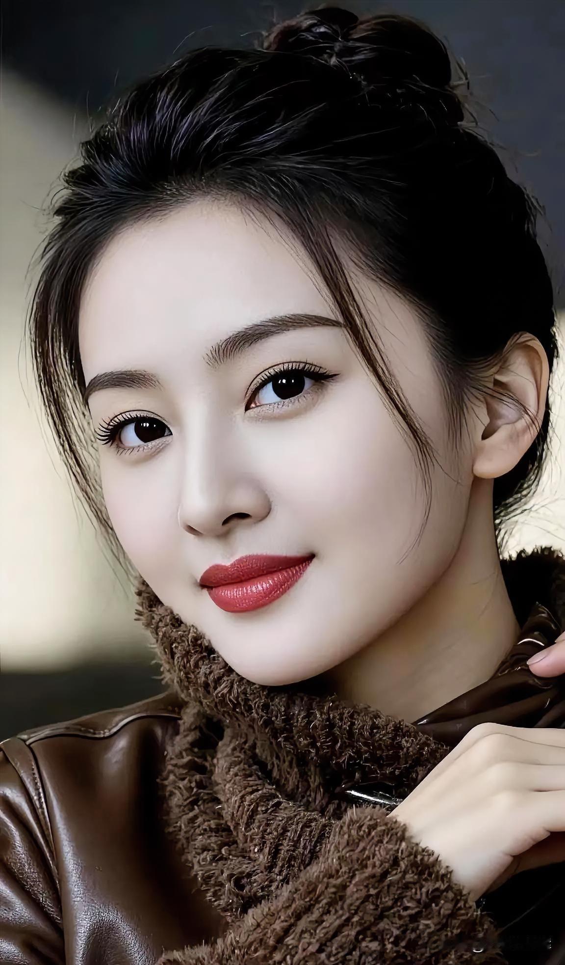 棕衣裹住暖意，毛领轻拥温柔。发间藏着光韵，唇角漾开从容。不追浮华