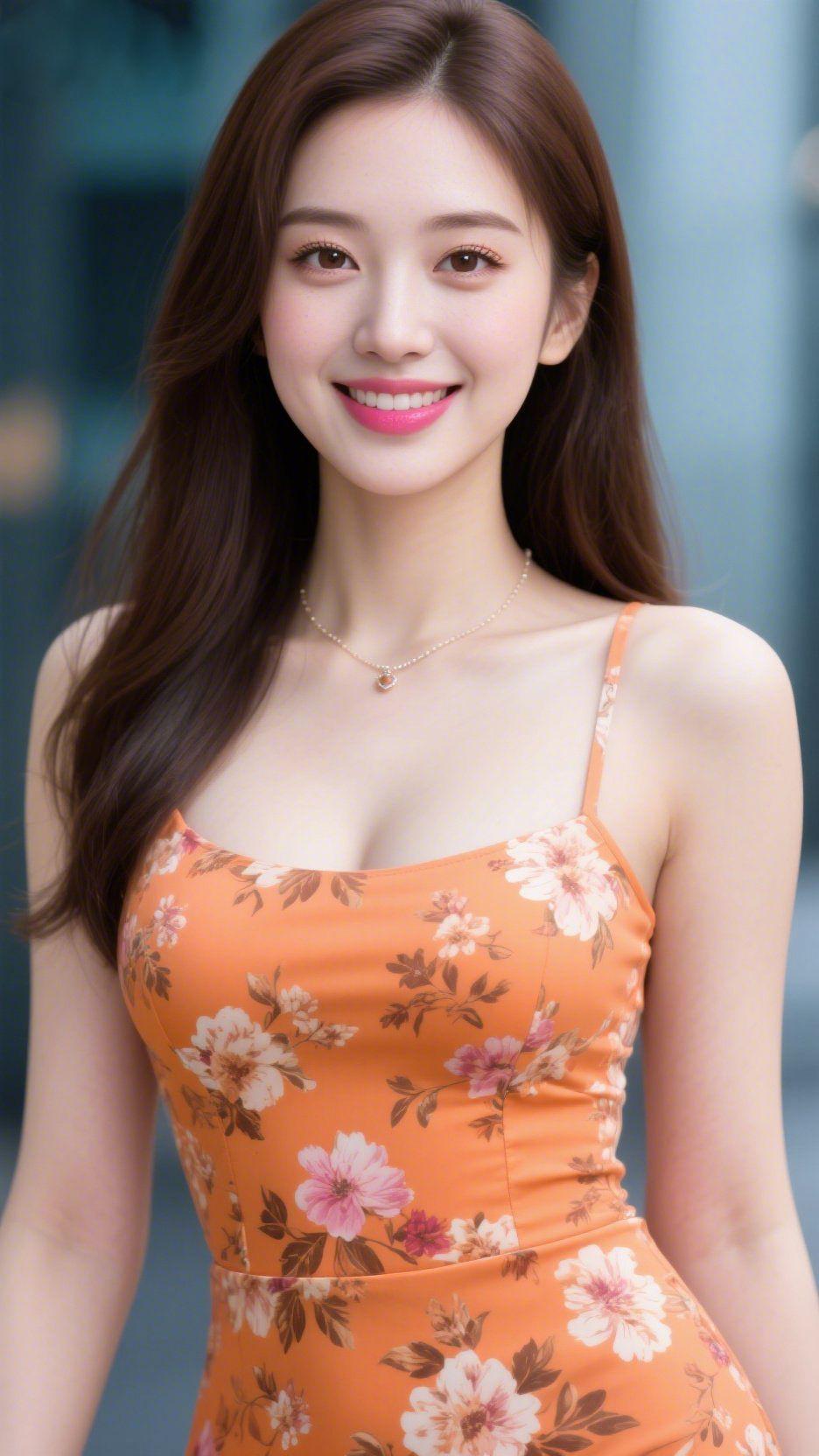 橙裙伴街风街旁风裹着浅凉，她立在楼宇光影里笑时，像把夏阳绣进了橙裙的花簇中