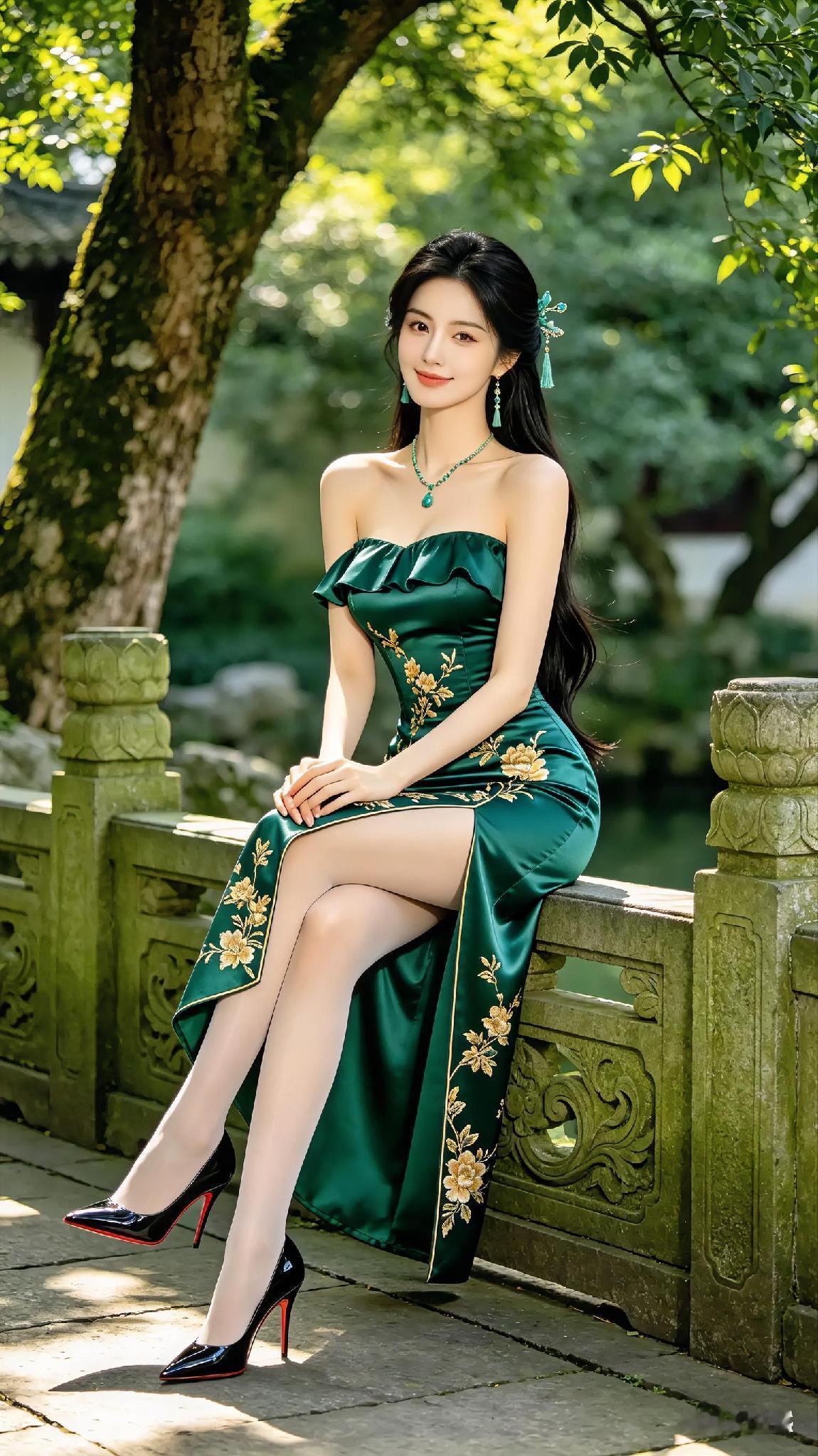 美女坐在公园长椅上，穿着绿色礼服。绿裙氛围感写真气质绿裙绿色连衣裙写真