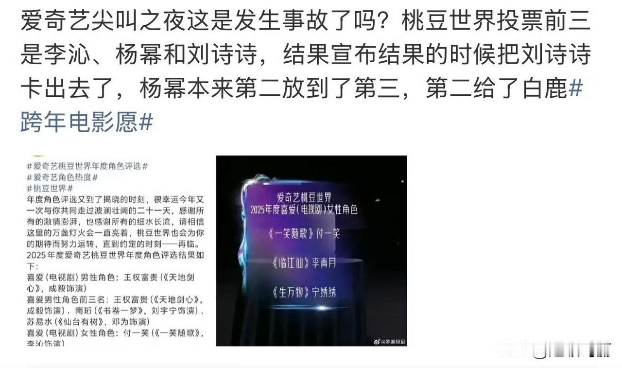 道歉了，真是个草台班子，把刘诗诗的奖给了白鹿，现在又改回去了[捂脸哭]