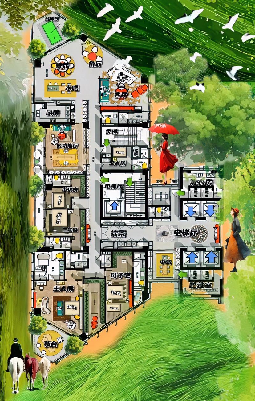 苦中偷乐402m²，布局太厉害了，不只是大场面的电话梯厅，而是80m²客厅很地