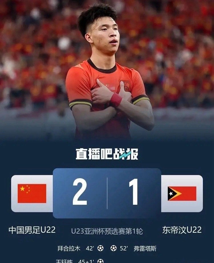 U23亚洲杯，中国2:1东帝汶，但球迷们却高兴不起来，不是因为中国队踢的场面不好