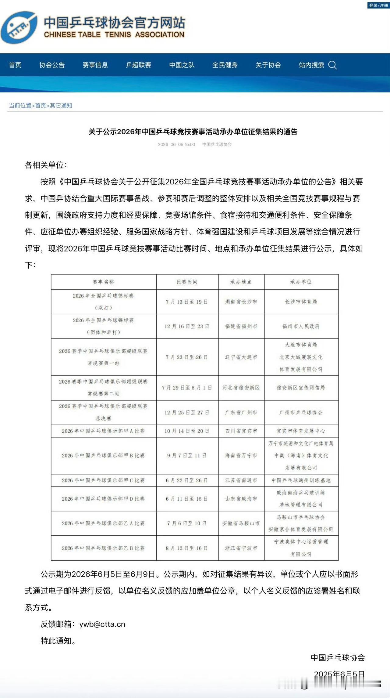 6.5日，中国乒协公布全锦赛和乒超联赛的比赛时间和地点。全锦和乒超之前没有按