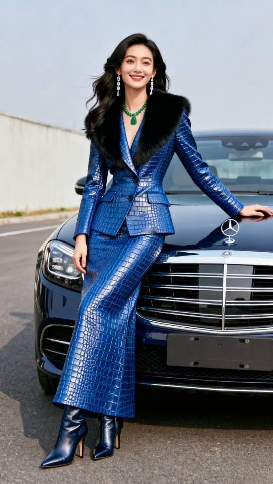 皮质西装套装裙女子车旁写真。西装套装裙皮裙