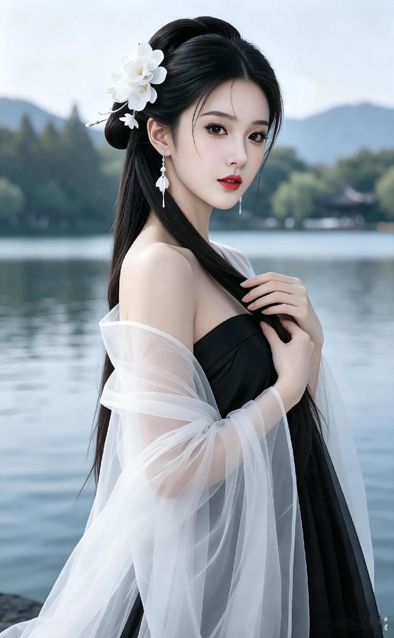 仙气飘飘的汉服少女，湖畔的梦幻时光淡雅汉服美女汉服少女风古装汉服仙子