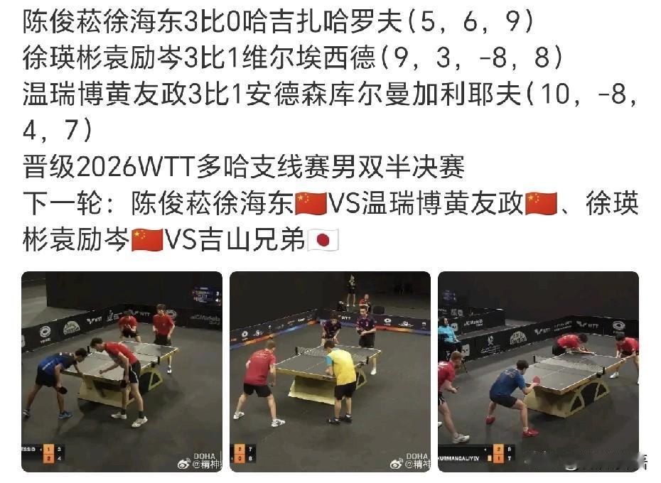 多哈支线赛国乒表现的不错。刚刚看了多哈支线赛男双和女双的比赛，男双、女双各三对