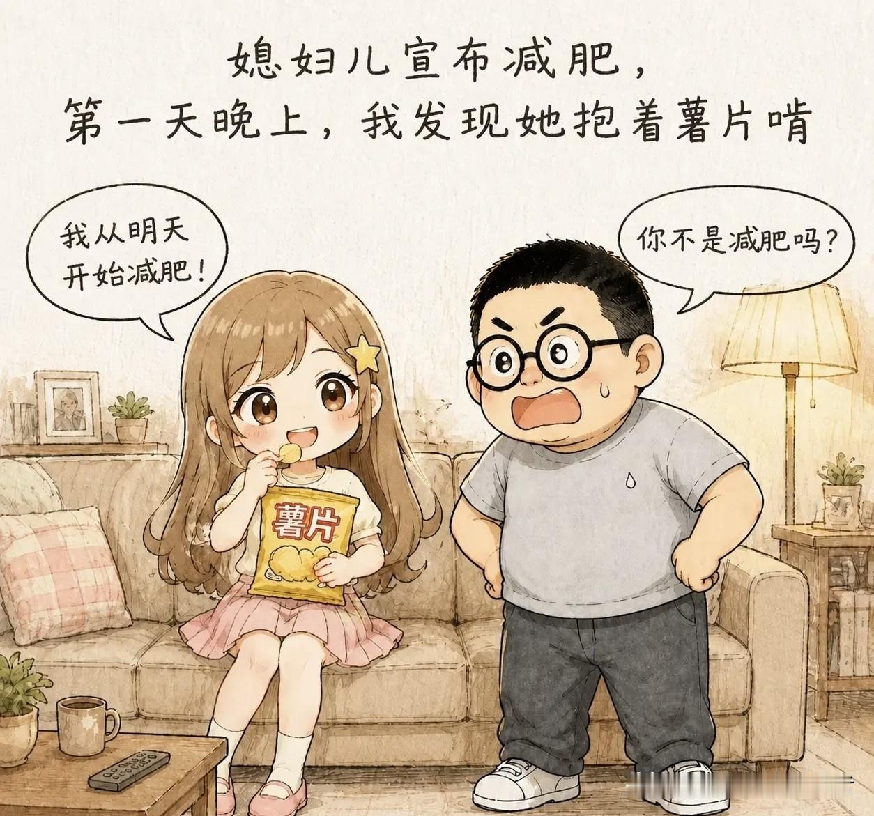 分享你喜欢的漫画：媳妇儿宣布减肥，第一天晚上，我发现她抱着薯片啃。我说：“你不是