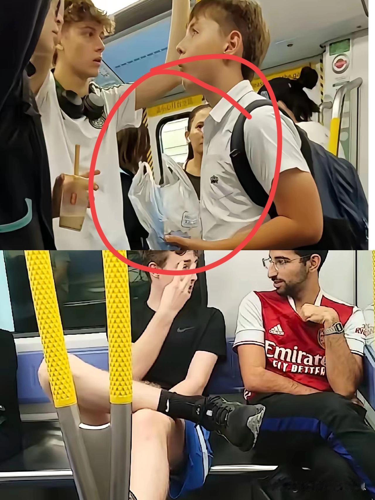 香港地铁上，外国人吃东西，踩扶手，香港人围着拍照！这与几年前东大的学