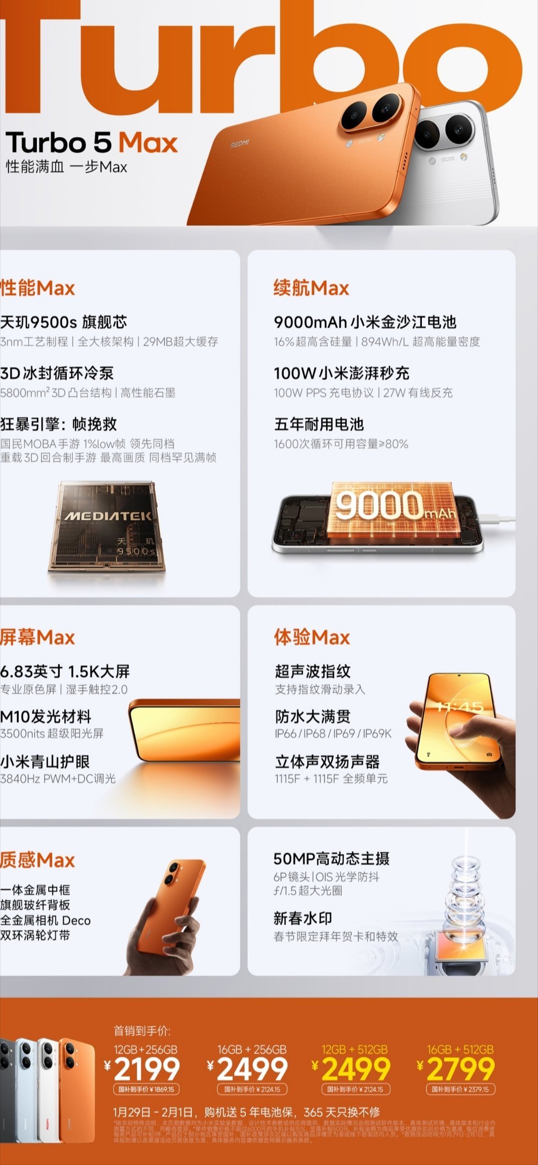 【红米REDMITurbo5Max维修备件价格公布：电池199元，