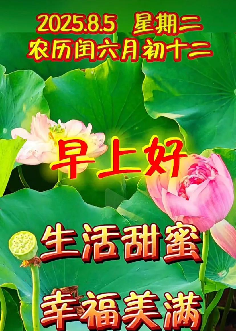 2025年8月5日，星期三，农历闰六月初十三，早上好，生活甜蜜，幸福美满。