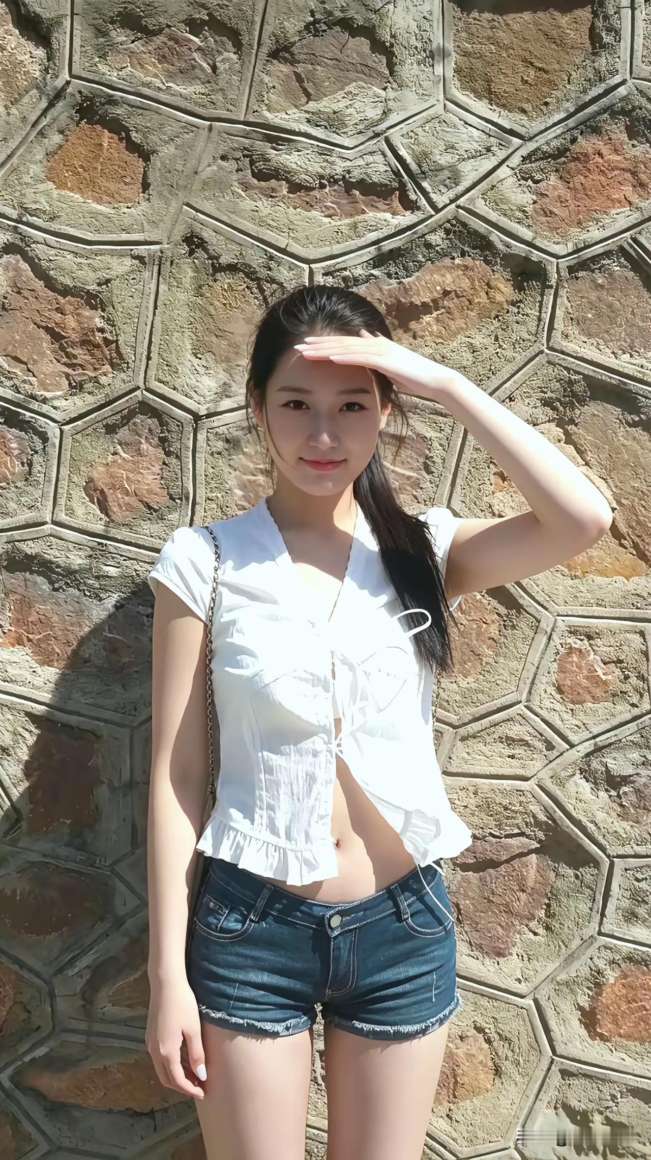 阳光明媚，女孩摆POSE拍照。