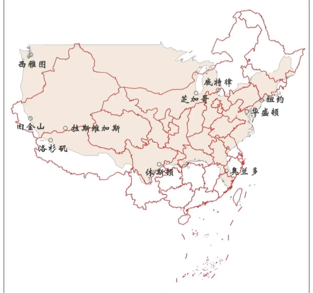 华盛顿在我国与天津位置差不多，纽约跑东北了，费城在北京附近，迈阿密在厦门附近，广