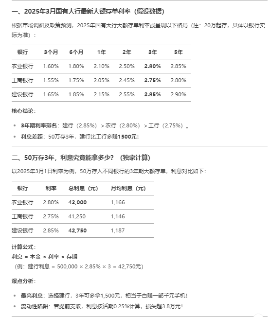 2025年农行、工行、建行大额存单利率曝光! 50万存3年利息差1.5万