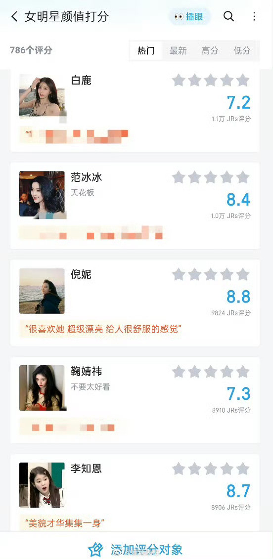 女明星颜值虎扑打分来看看各位女明星颜值在虎扑的打分情况吧，符合你的打分审美吗？
