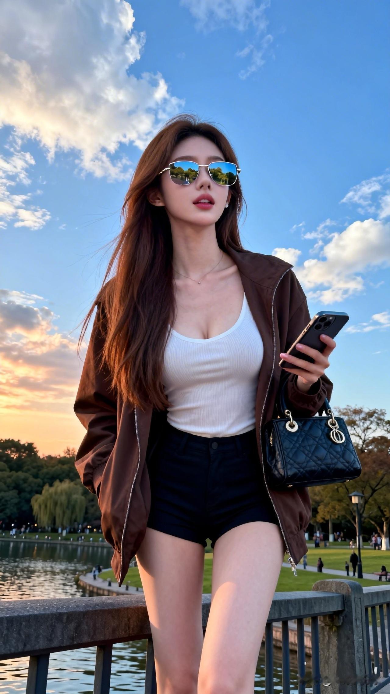 鹧鸪天·湖畔佳人云影天光入镜明，风梳长发步轻盈。棕衣半掩春山雪，黑绉轻