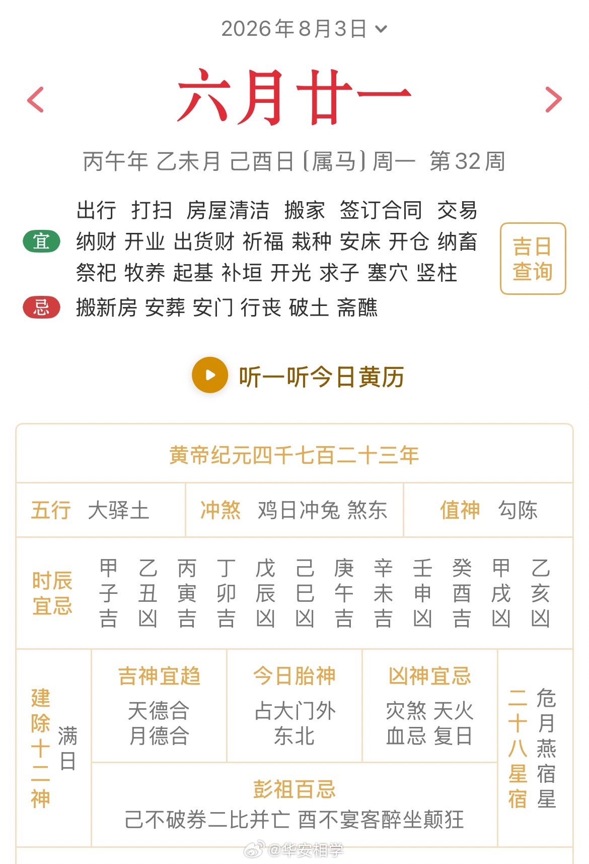 十二生肖每日简运仅供参考2026.8.3丙午年乙未月己酉日己酉天克地冲癸卯：八