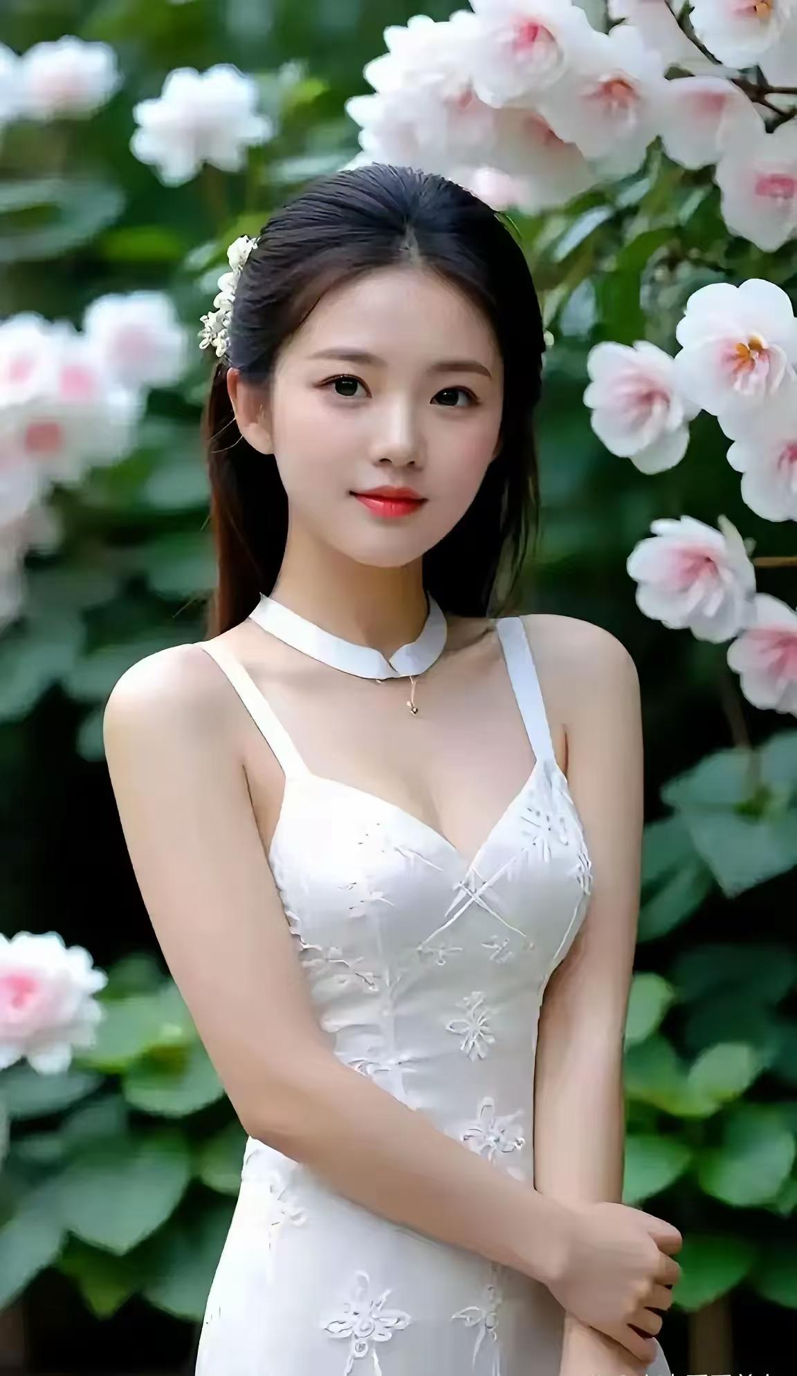 白裙如花，笑靥藏春，温柔撞进眼眸，连风都忍不住驻足，偷看这人间四月天。