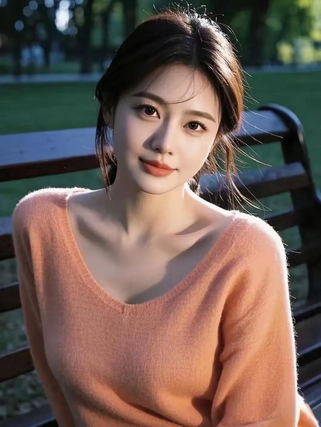 阳光下的温柔少女，公园长椅上的甜美瞬间