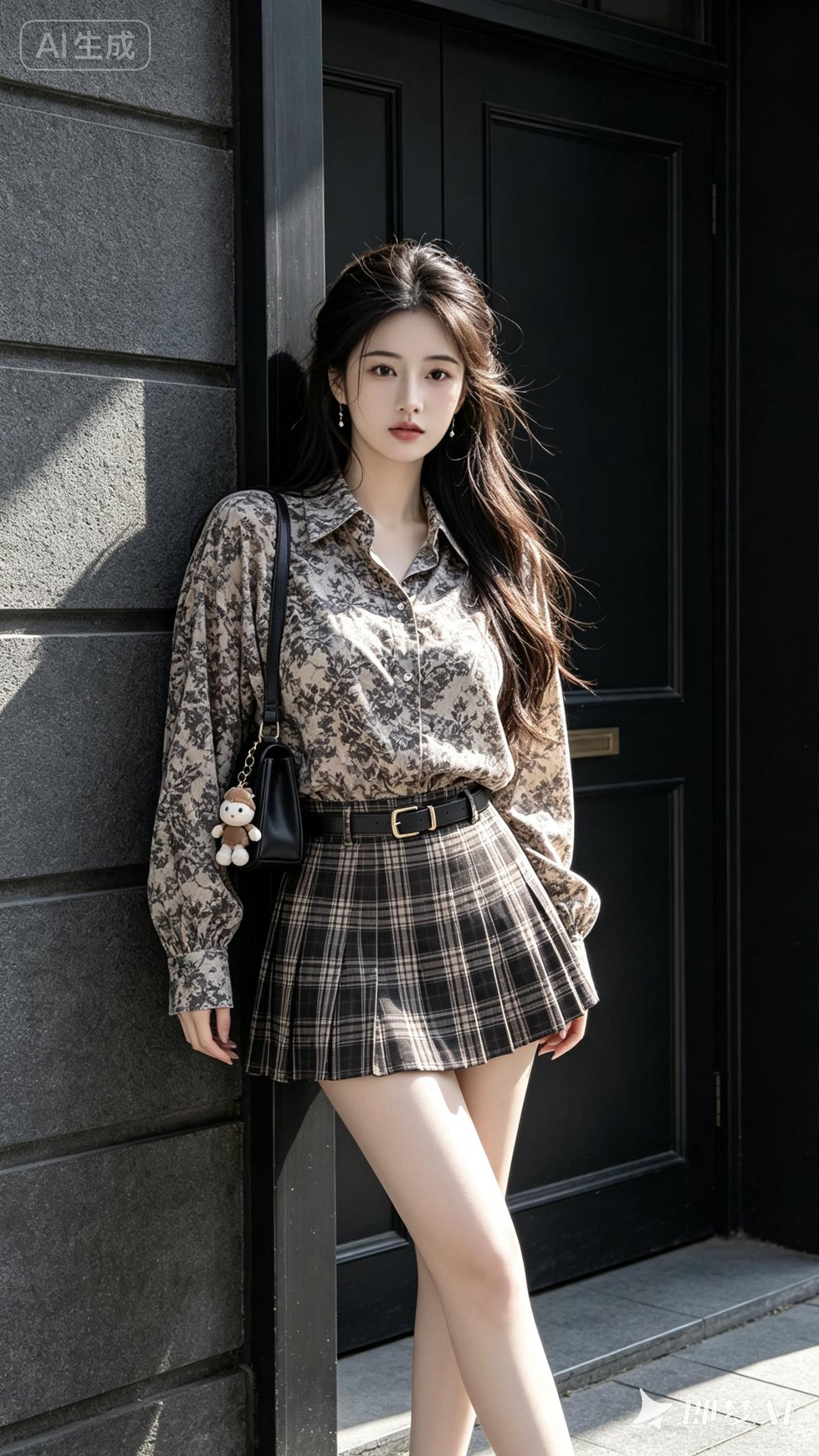 都市少女风穿搭，复古印花衬衫+格子短裙，轻松优雅！👗👠